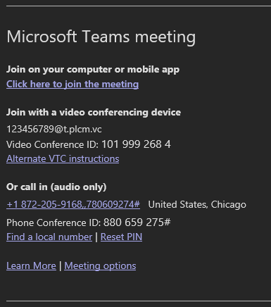 Microsoft Teams meeting window that displays with meeting information
