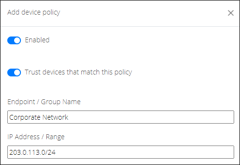 Trusted device - Add device policy window
