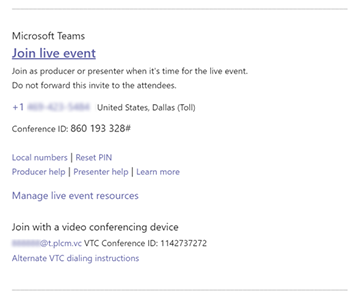 Microsoft Teams Join Live Events information displayed